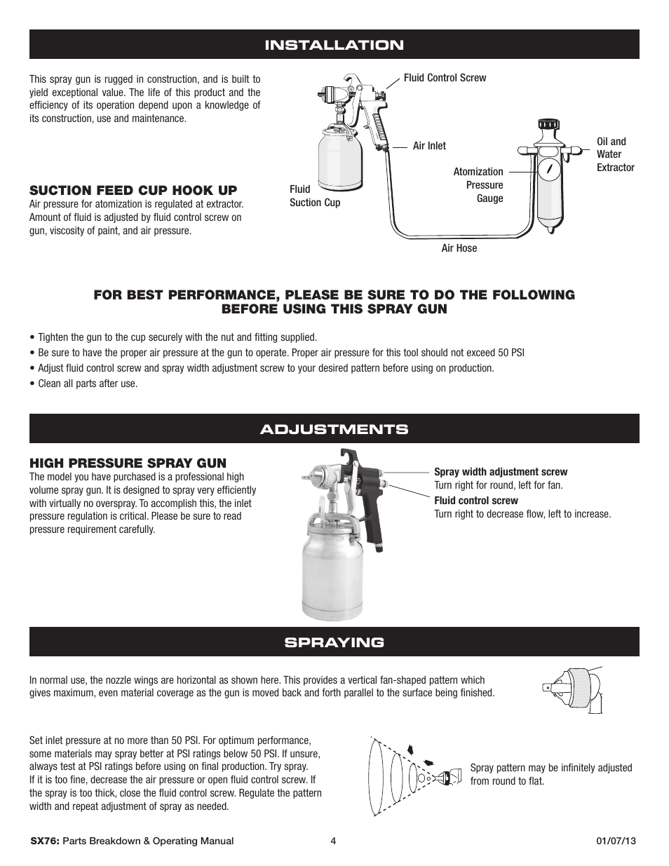 Suction feed cup hook up, Installation, High pressure spray gun | Adjustments spraying | Sunex Tools SX76 User Manual | Page 4 / 22