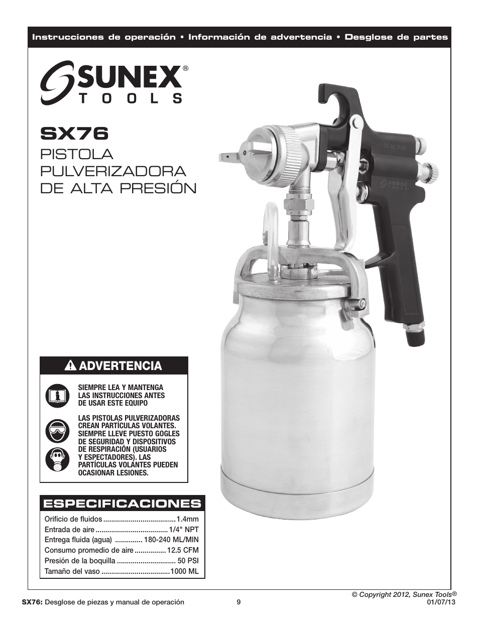 Sx76, Pistola pulverizadora de alta presión, Advertencia | Sunex Tools SX76 User Manual | Page 9 / 22