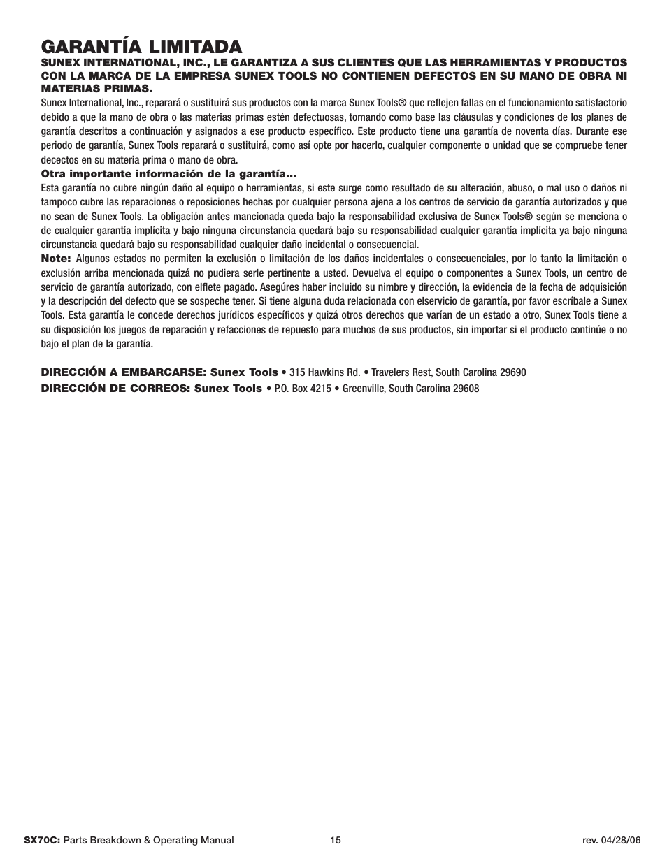 Garantía limitada | Sunex Tools SX70C User Manual | Page 15 / 22