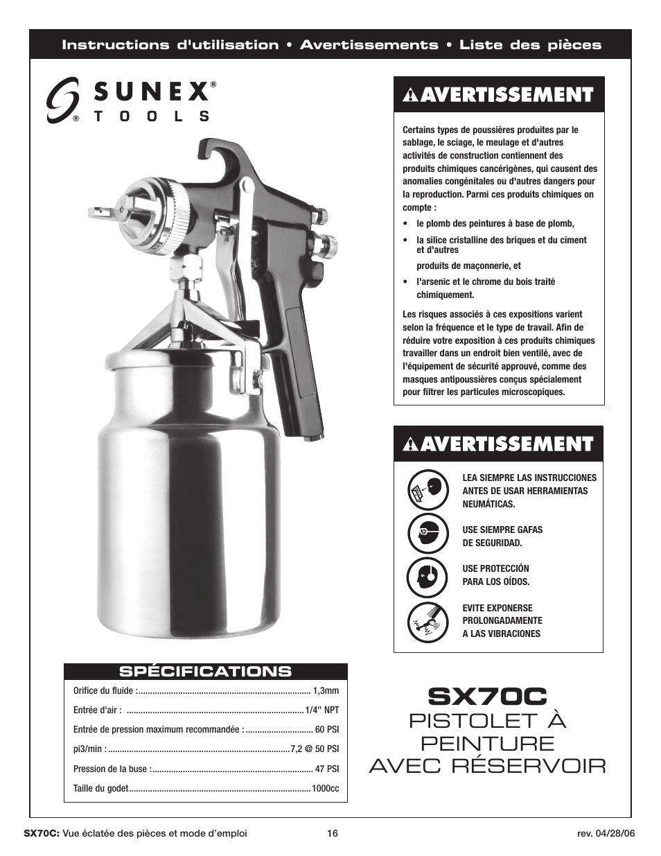 Sx70c, Pistolet à peinture avec réservoir | Sunex Tools SX70C User Manual | Page 16 / 22