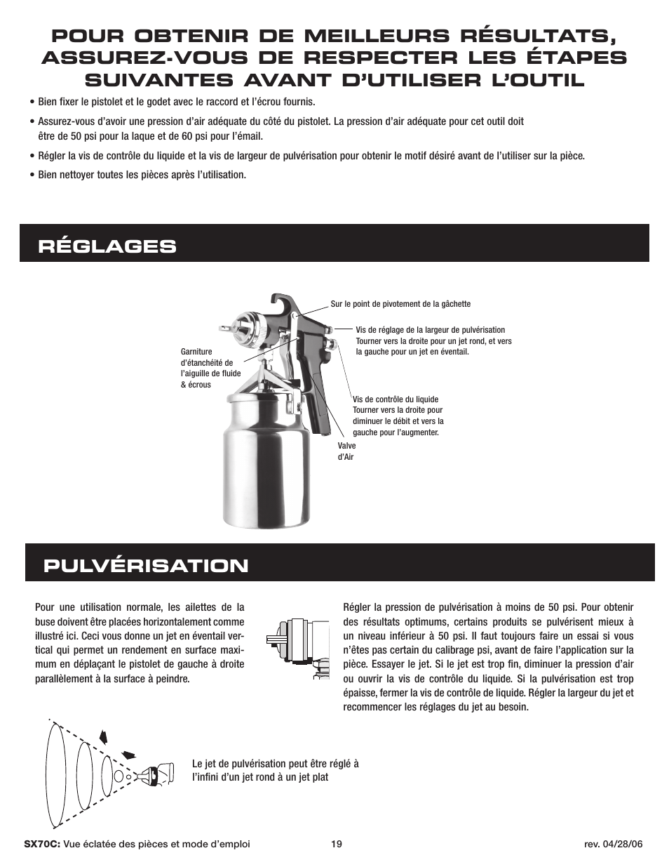 Pulvérisation réglages | Sunex Tools SX70C User Manual | Page 19 / 22