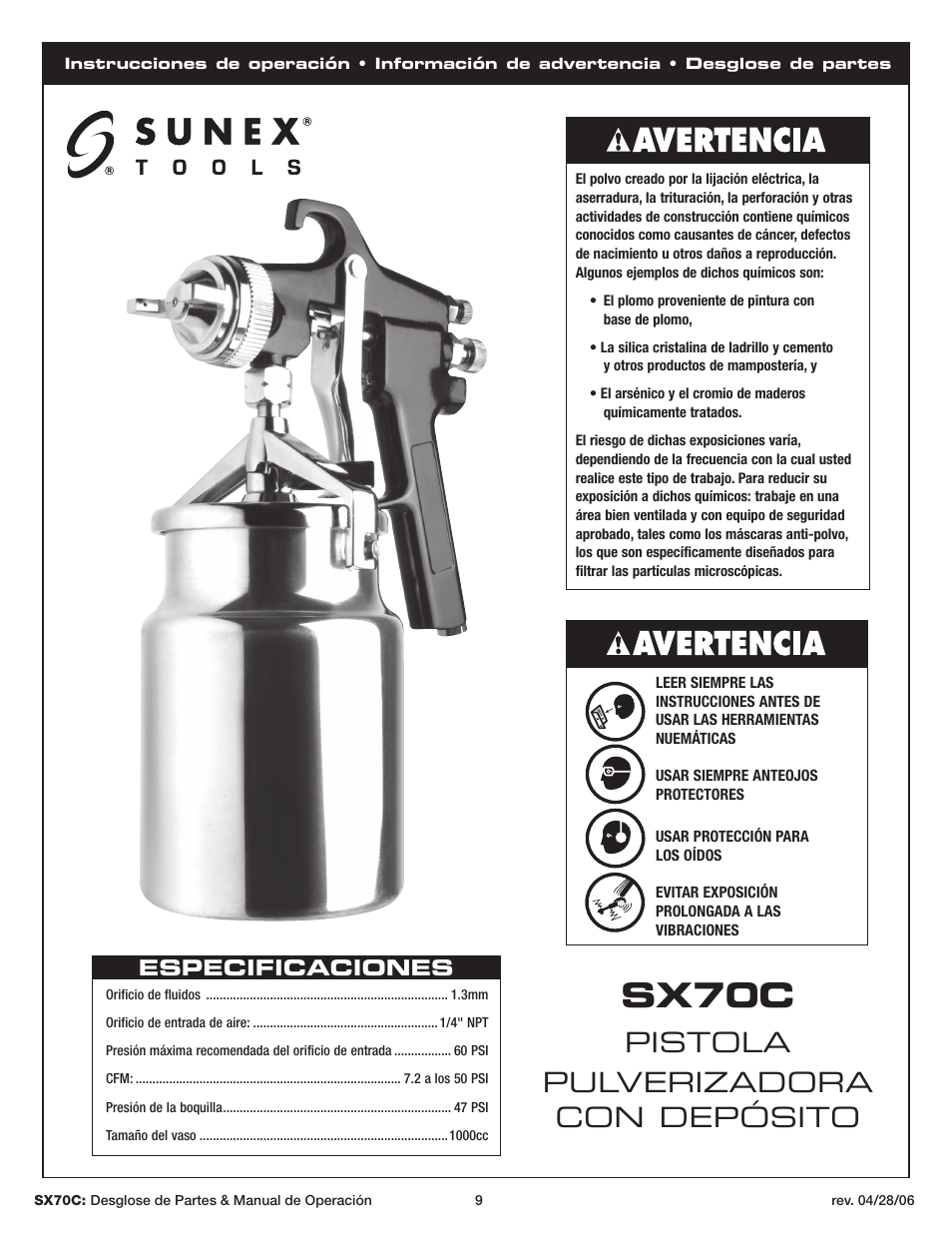 Sx70c, Pistola pulverizadora con depósito, Especificaciones | Sunex Tools SX70C User Manual | Page 9 / 22