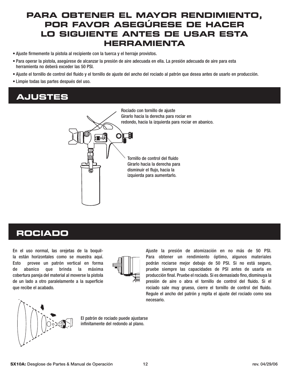 Ajustes rociado | Sunex Tools SX10A User Manual | Page 12 / 22