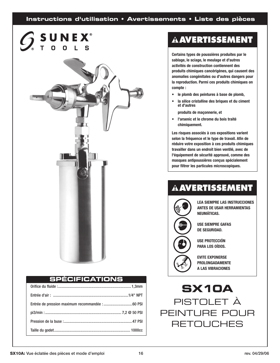 Sx10a, Pistolet à peinture pour retouches, Spécifications | Sunex Tools SX10A User Manual | Page 16 / 22