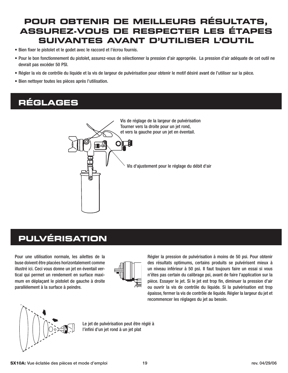 Réglages pulvérisation | Sunex Tools SX10A User Manual | Page 19 / 22