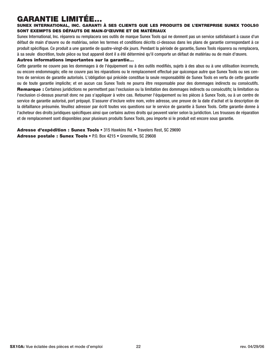 Garantie limitée | Sunex Tools SX10A User Manual | Page 22 / 22