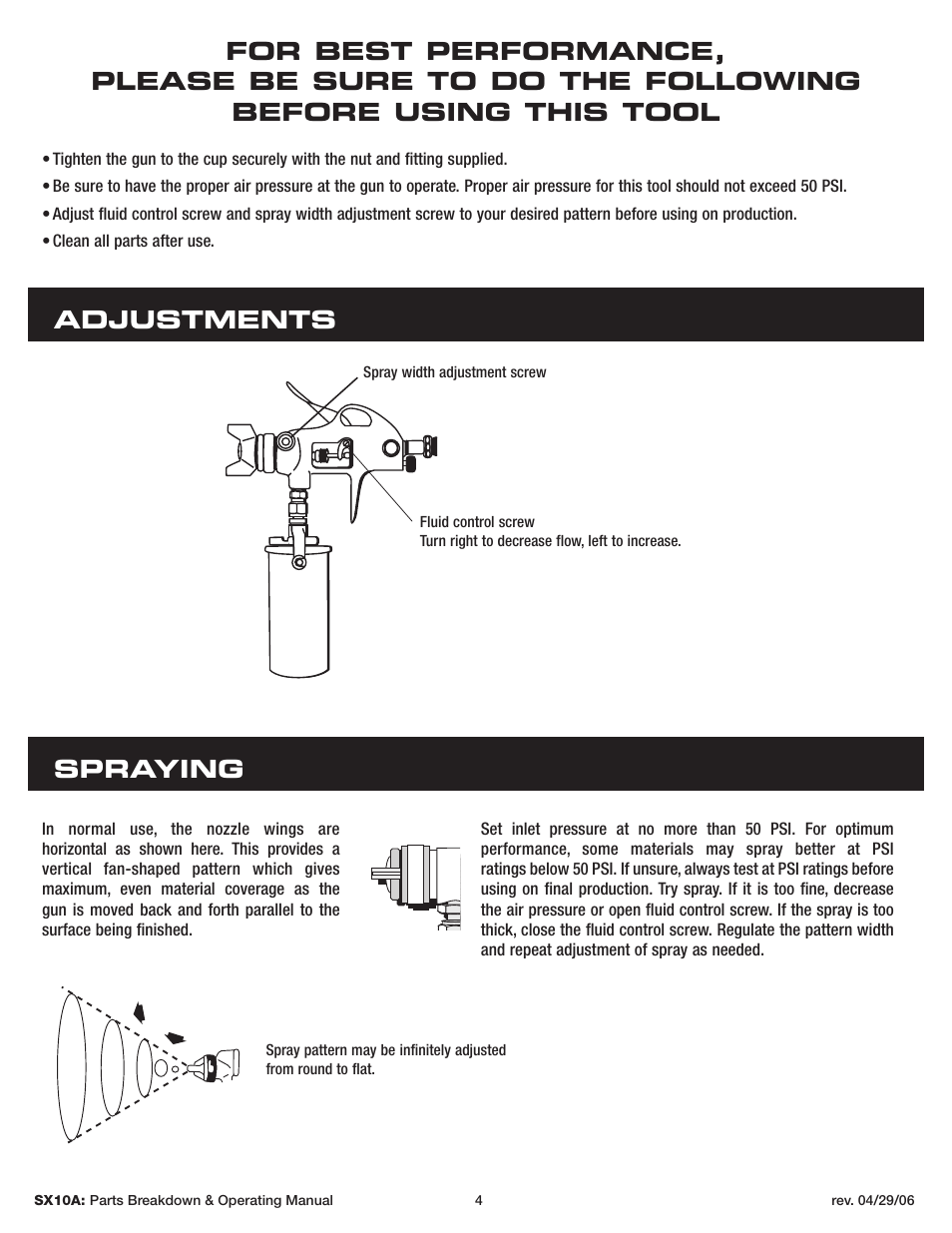 Adjustments spraying | Sunex Tools SX10A User Manual | Page 4 / 22