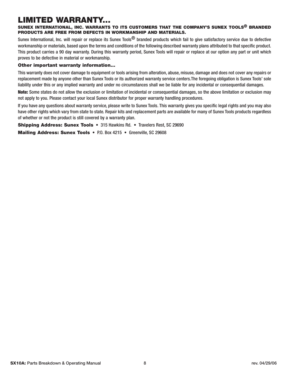 Limited warranty | Sunex Tools SX10A User Manual | Page 8 / 22