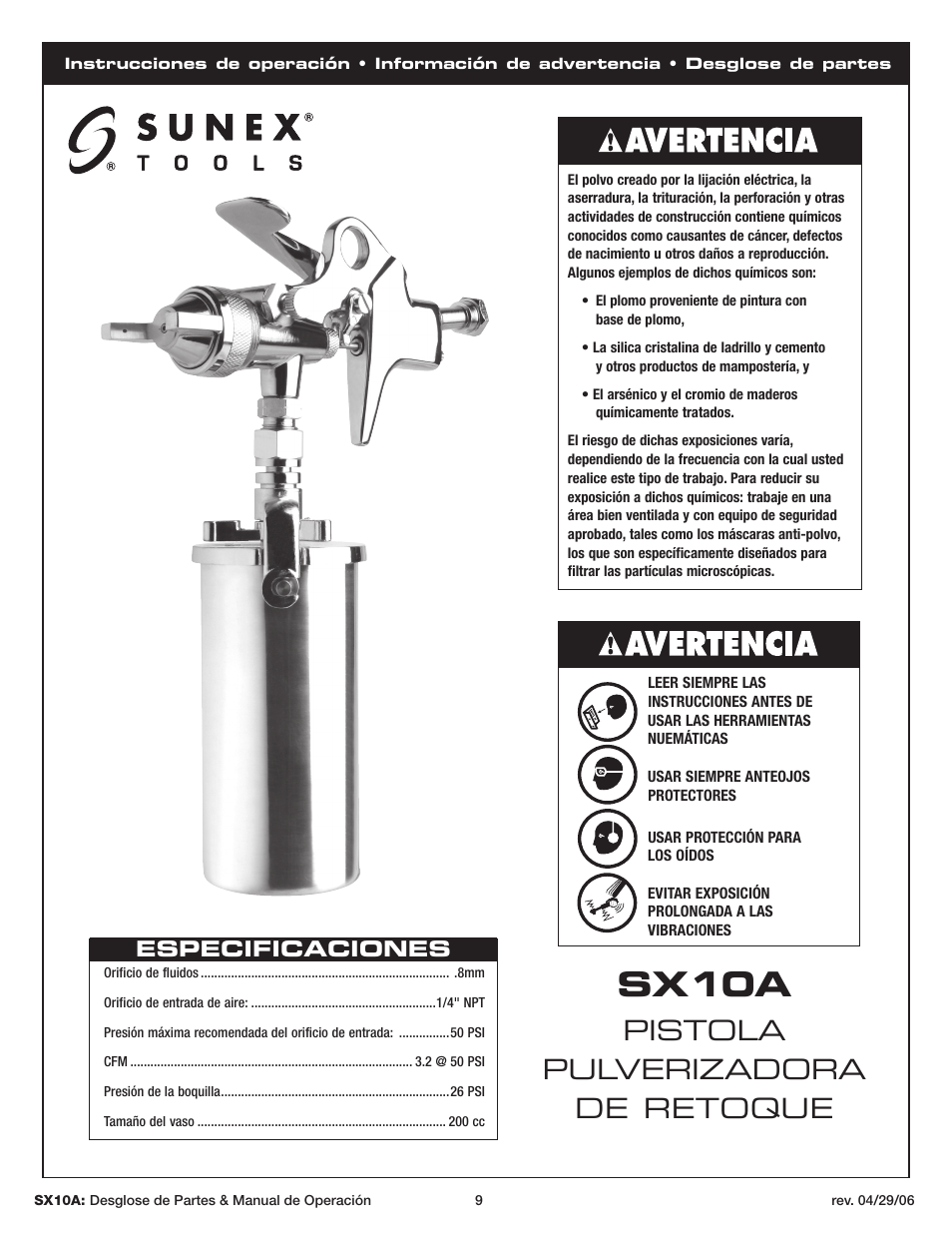 Sx10a, Pistola pulverizadora de retoque, Especificaciones | Sunex Tools SX10A User Manual | Page 9 / 22