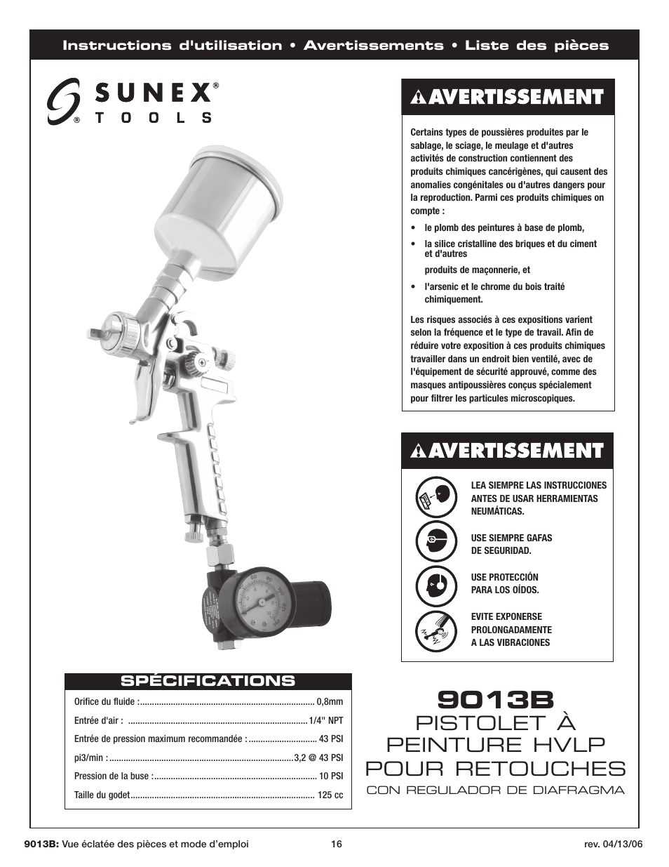 9013b, Pistolet à peinture hvlp pour retouches | Sunex Tools 9013B User Manual | Page 16 / 22
