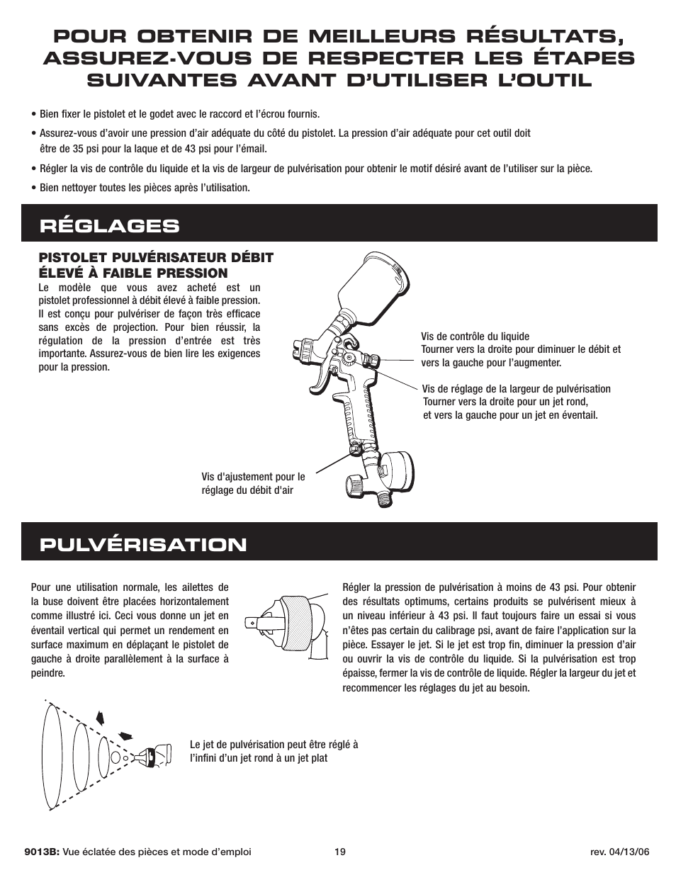 Réglages pulvérisation | Sunex Tools 9013B User Manual | Page 19 / 22