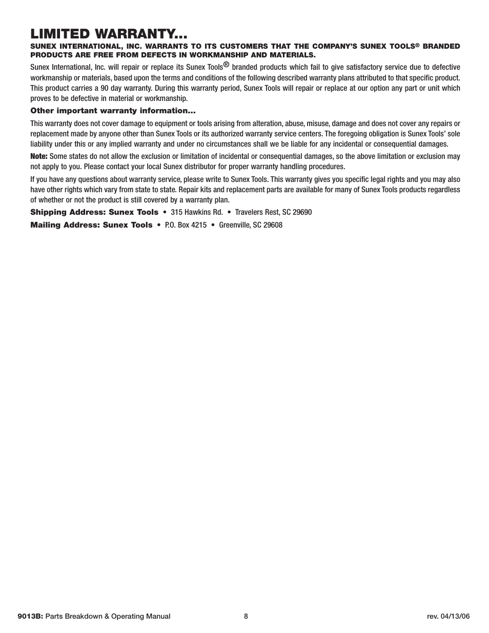 Limited warranty | Sunex Tools 9013B User Manual | Page 8 / 22