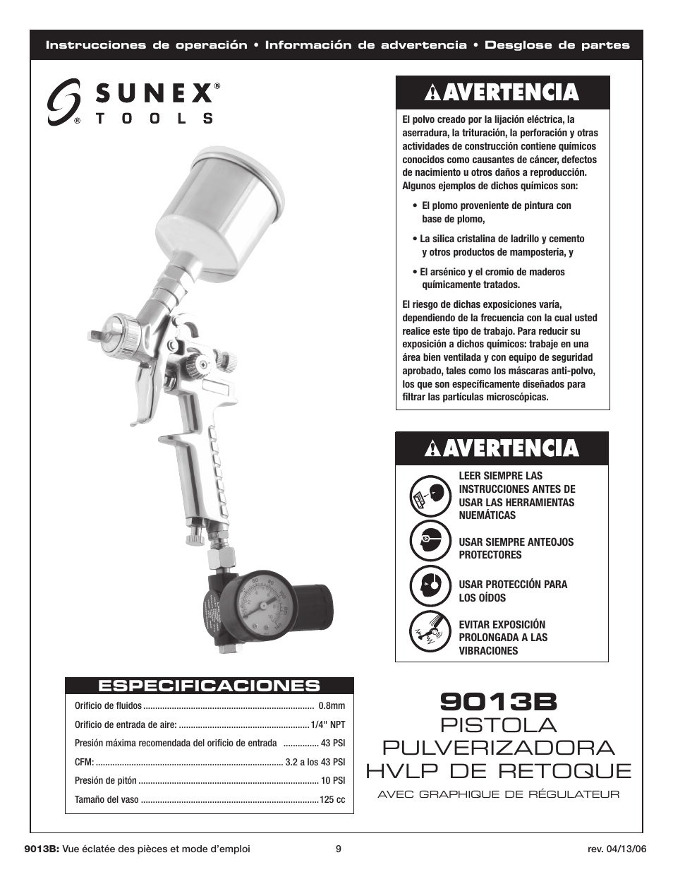 9013b, Pistola pulverizadora hvlp de retoque, Especificaciones | Sunex Tools 9013B User Manual | Page 9 / 22