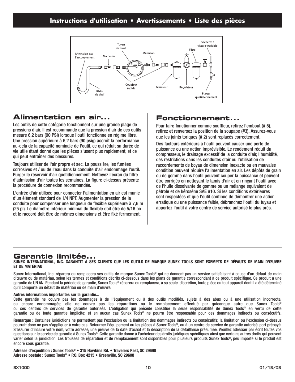 Alimentation en air, Fonctionnement, Garantie limitée | Sunex Tools SX1000 User Manual | Page 10 / 10