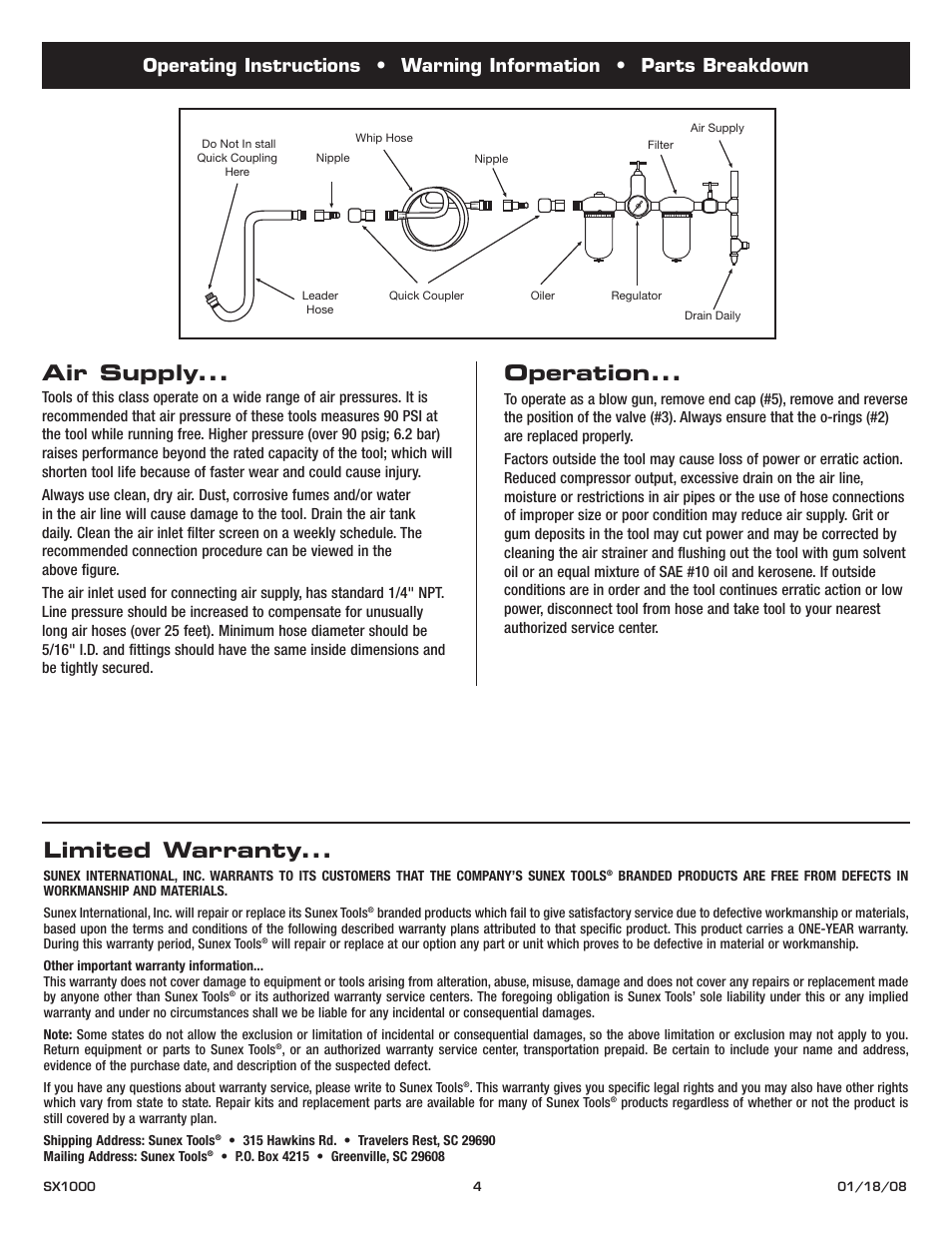 Air supply, Operation, Limited warranty | Sunex Tools SX1000 User Manual | Page 4 / 10