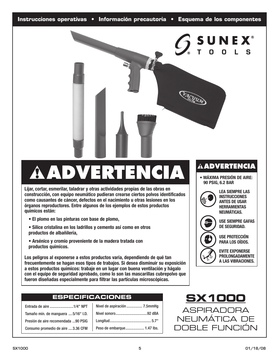 Sx1000, Aspiradora neumática de doble función | Sunex Tools SX1000 User Manual | Page 5 / 10