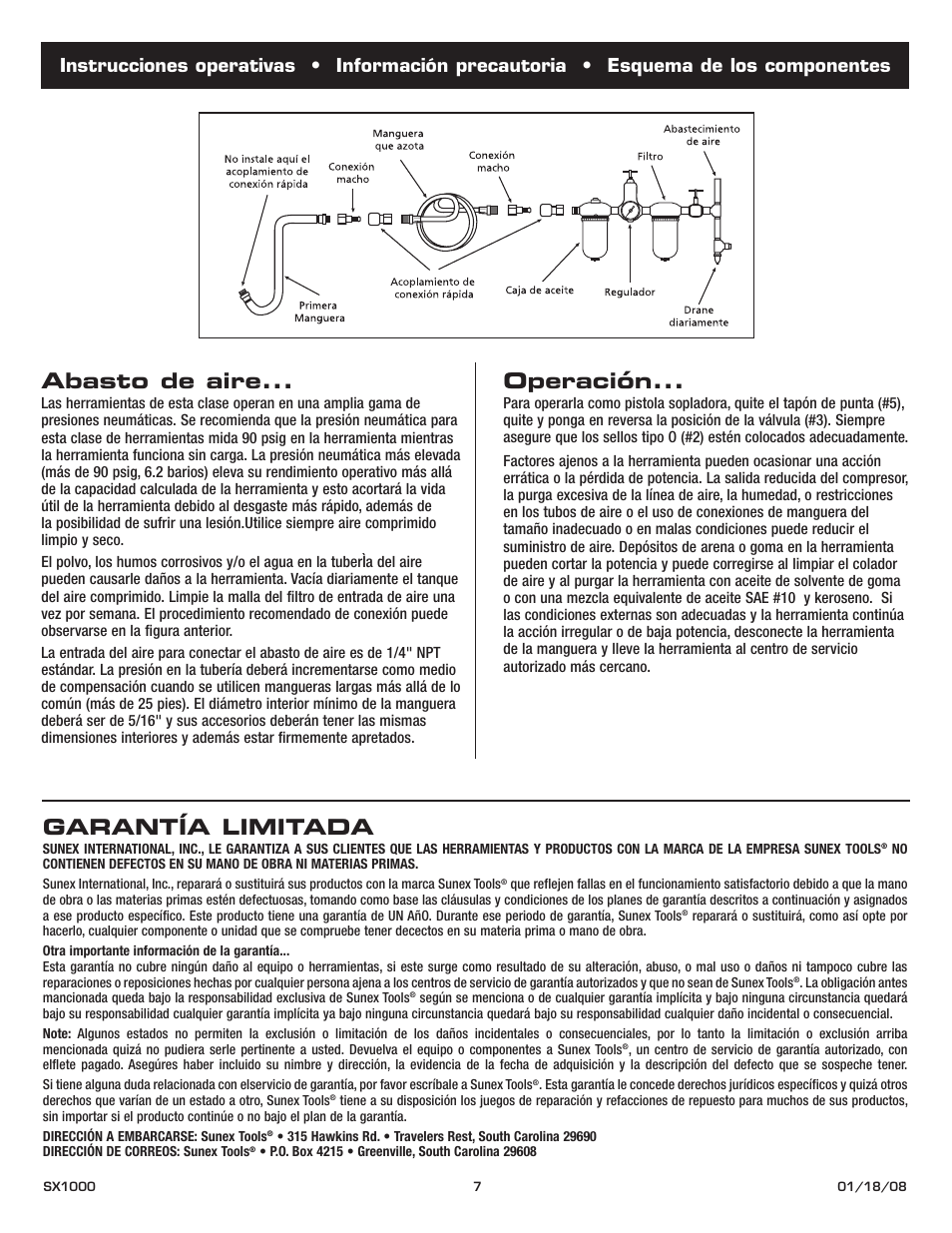 Abasto de aire, Operación, Garantía limitada | Sunex Tools SX1000 User Manual | Page 7 / 10