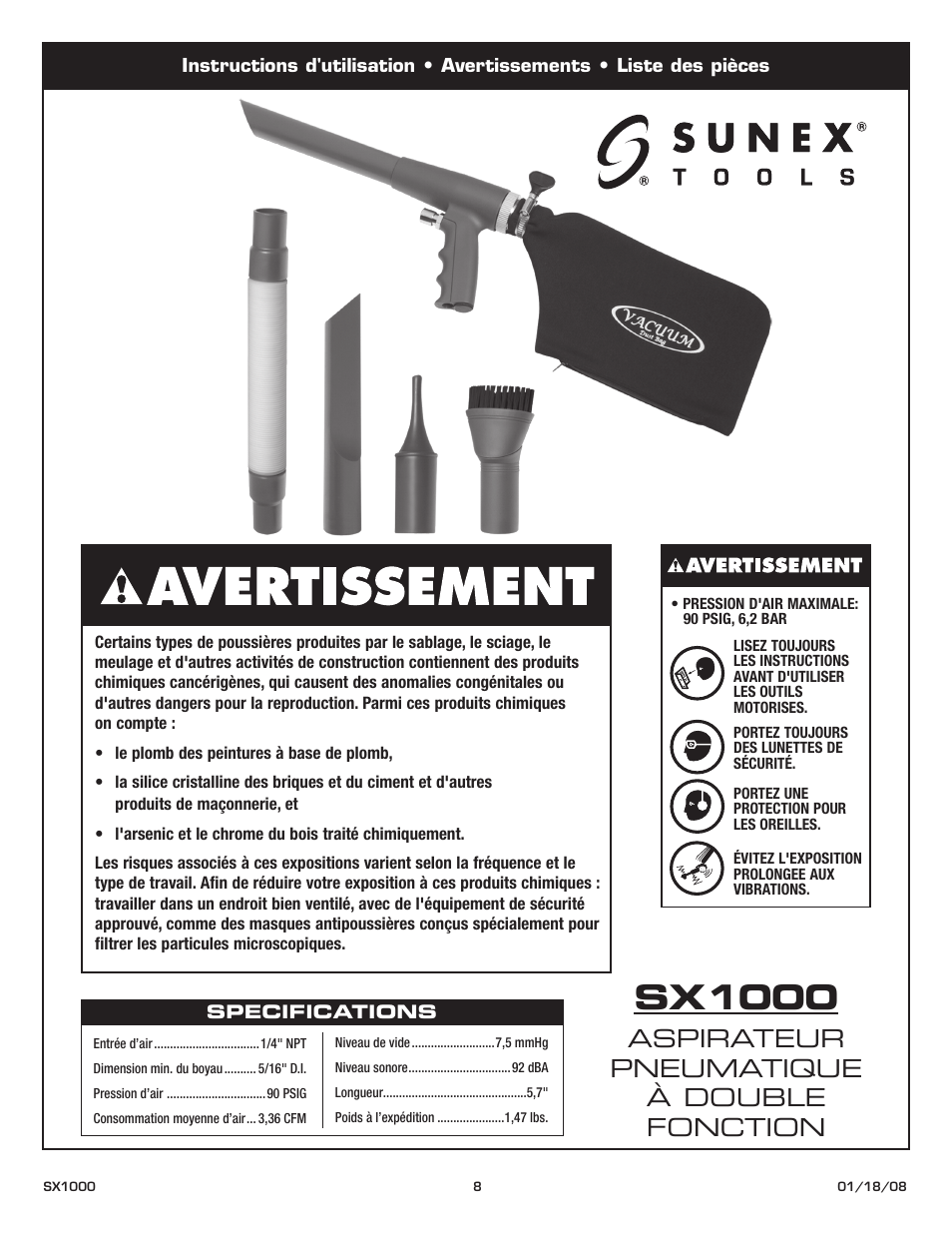 Sx1000, Aspirateur pneumatique à double fonction | Sunex Tools SX1000 User Manual | Page 8 / 10