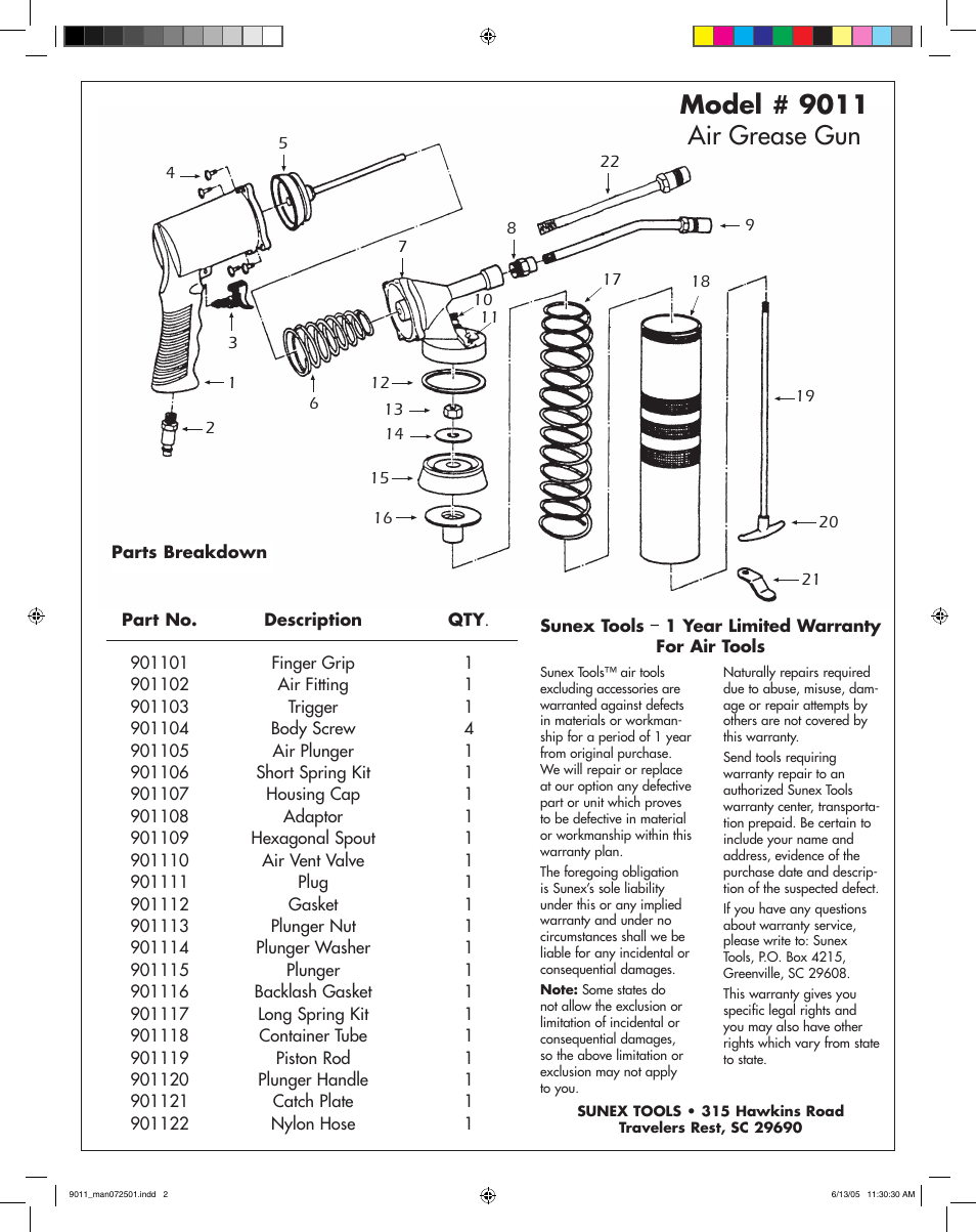 Model # 9011 air grease gun | Sunex Tools 9011 User Manual | Page 2 / 2