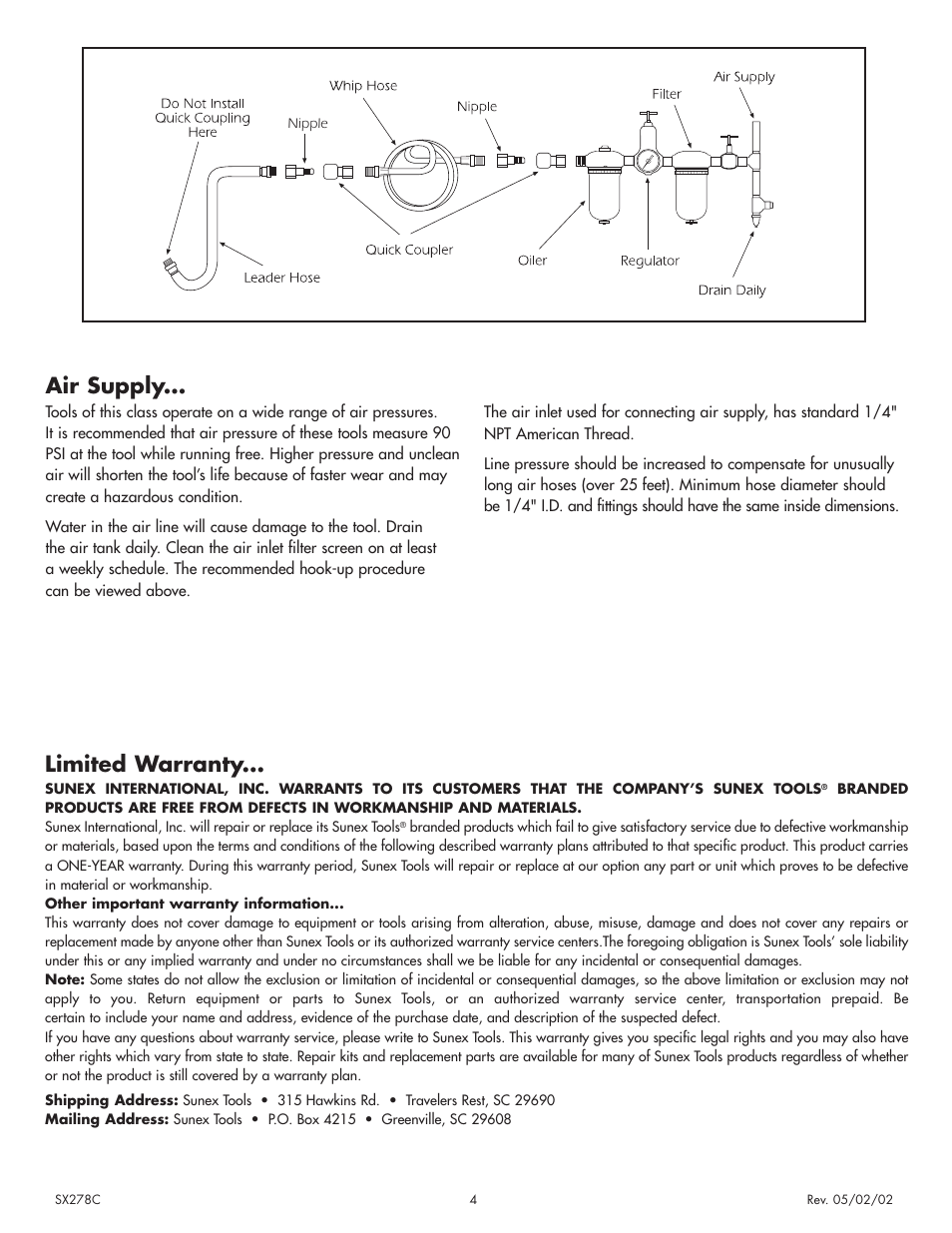 Air supply, Limited warranty | Sunex Tools SX278C User Manual | Page 4 / 4