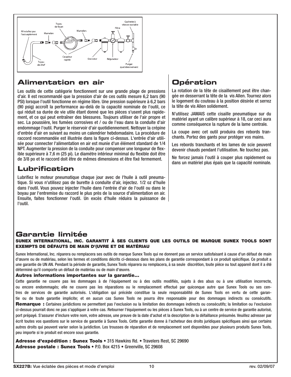 Alimentation en air, Lubrification, Garantie limitée | Opération | Sunex Tools SX227B User Manual | Page 10 / 10