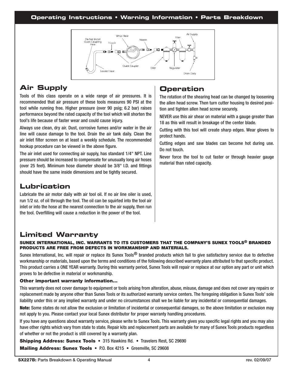 Air supply, Lubrication, Operation | Limited warranty | Sunex Tools SX227B User Manual | Page 4 / 10