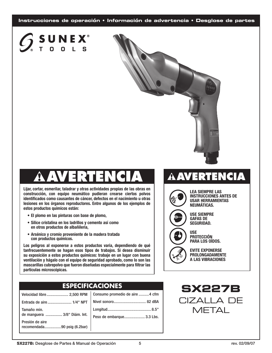 Sx227b, Cizalla de metal, Especificaciones | Sunex Tools SX227B User Manual | Page 5 / 10