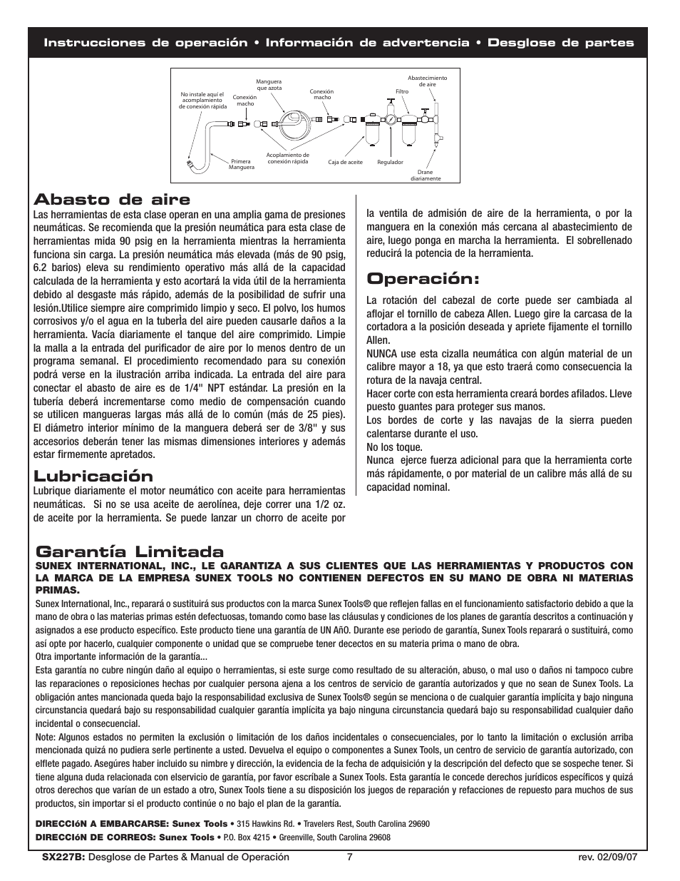 Operación, Abasto de aire, Lubricación | Garantía limitada | Sunex Tools SX227B User Manual | Page 7 / 10