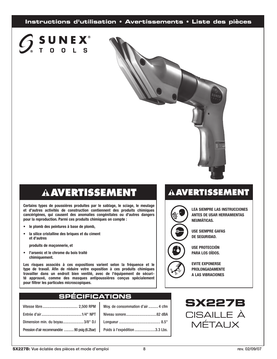 Sx227b, Cisaille à métaux, Spécifications | Sunex Tools SX227B User Manual | Page 8 / 10