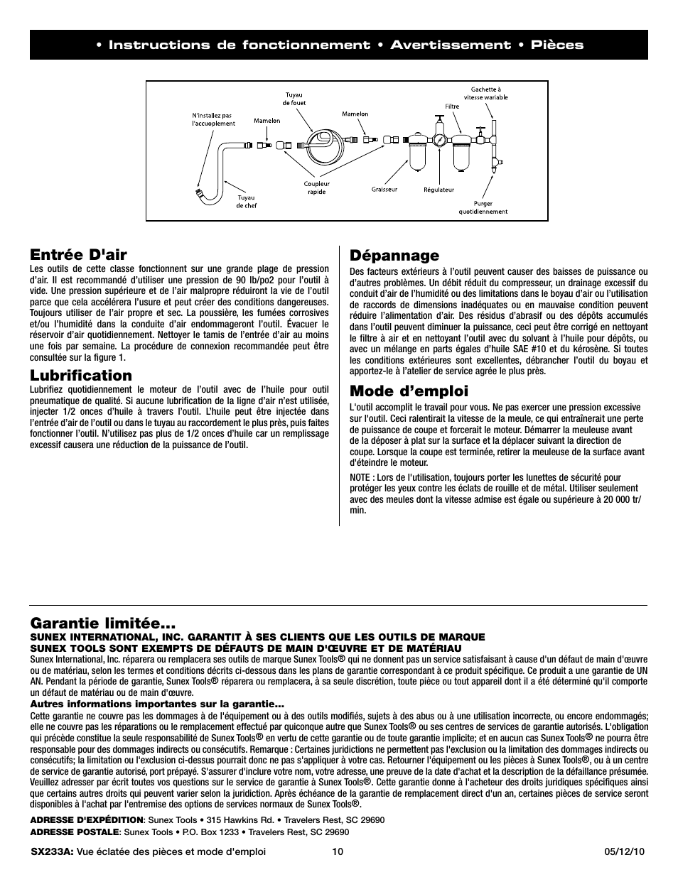 Entrée d'air, Lubrification, Dépannage | Mode d’emploi, Garantie limitée | Sunex Tools SX233A User Manual | Page 10 / 10