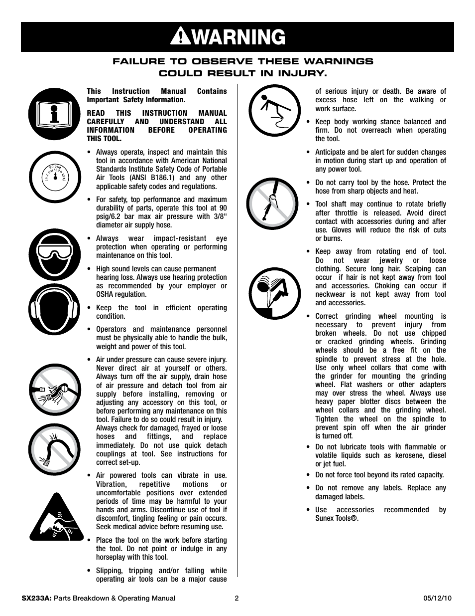 Warning | Sunex Tools SX233A User Manual | Page 2 / 10