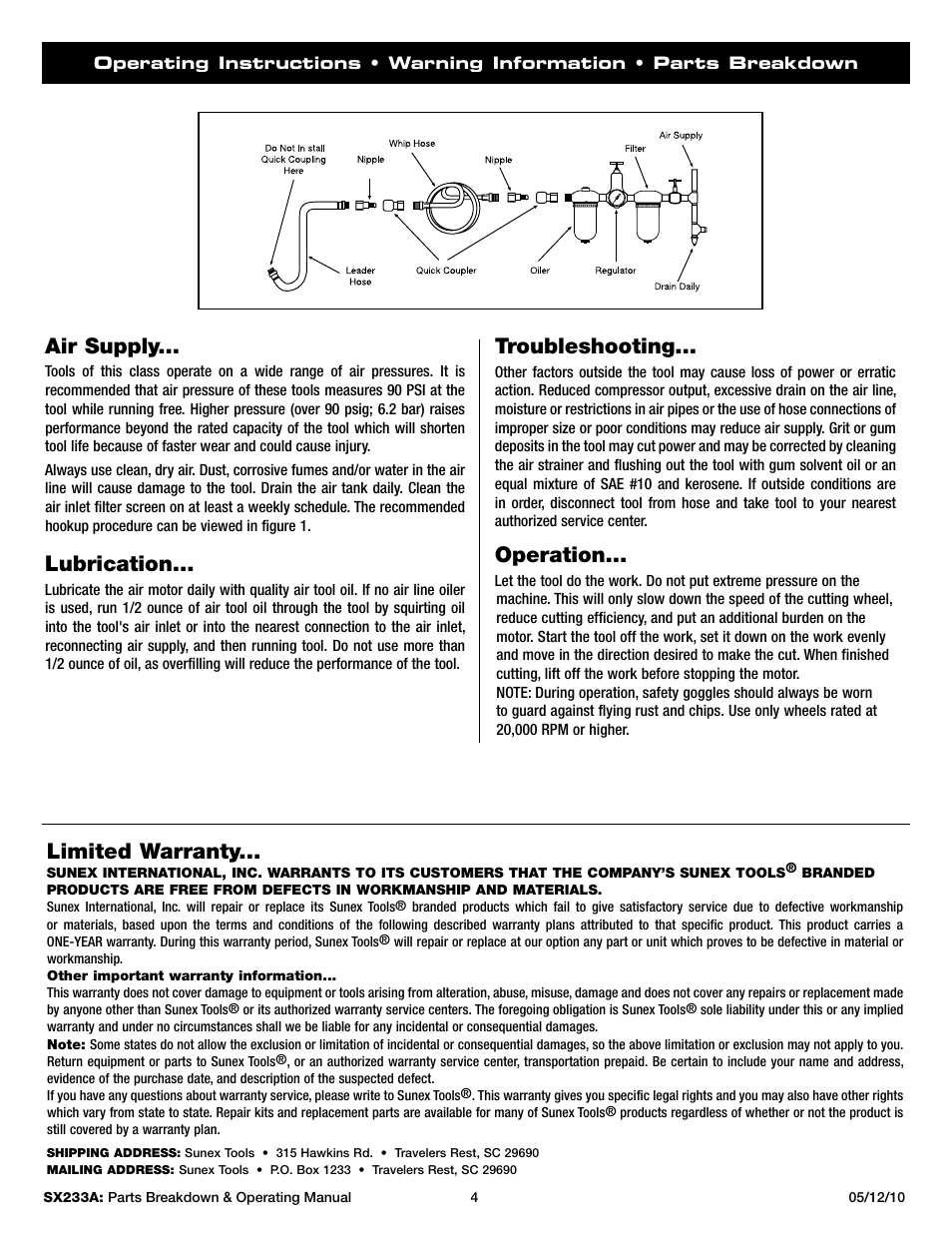 Troubleshooting, Operation, Air supply | Lubrication, Limited warranty | Sunex Tools SX233A User Manual | Page 4 / 10