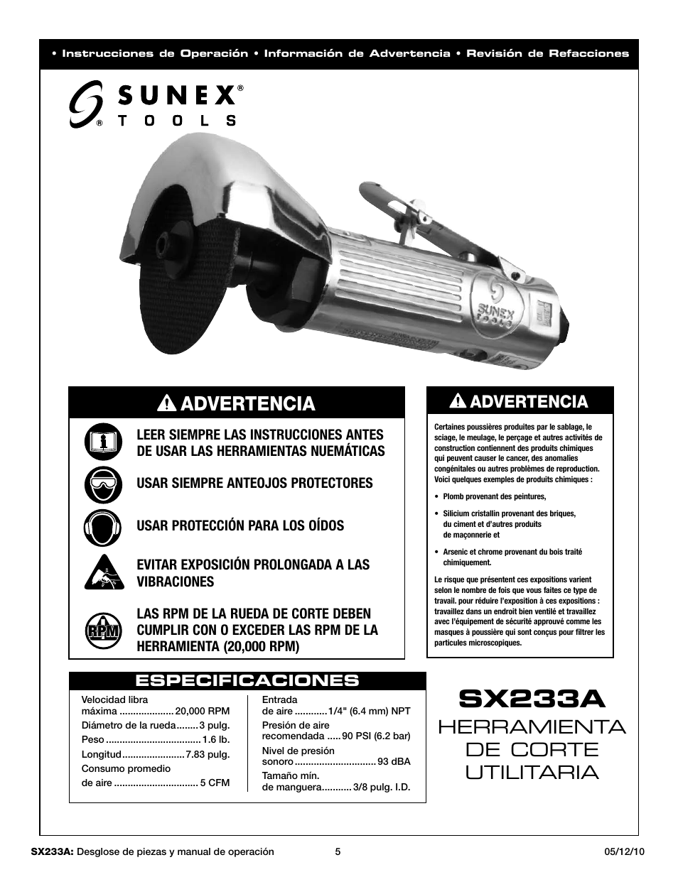Sx233a, Advertencia, Herramienta de corte utilitaria | Sunex Tools SX233A User Manual | Page 5 / 10