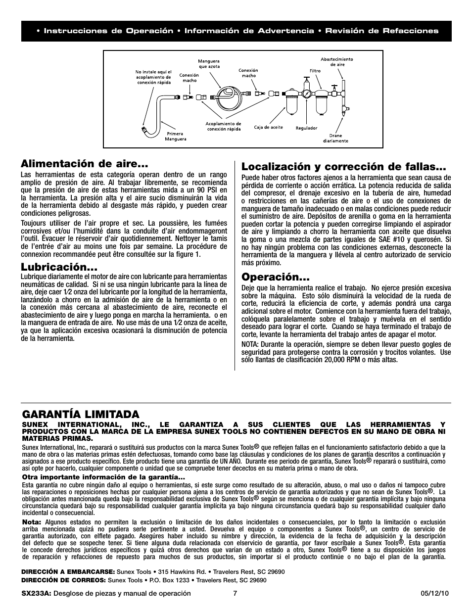 Alimentación de aire, Lubricación, Localización y corrección de fallas | Operación, Garantía limitada | Sunex Tools SX233A User Manual | Page 7 / 10