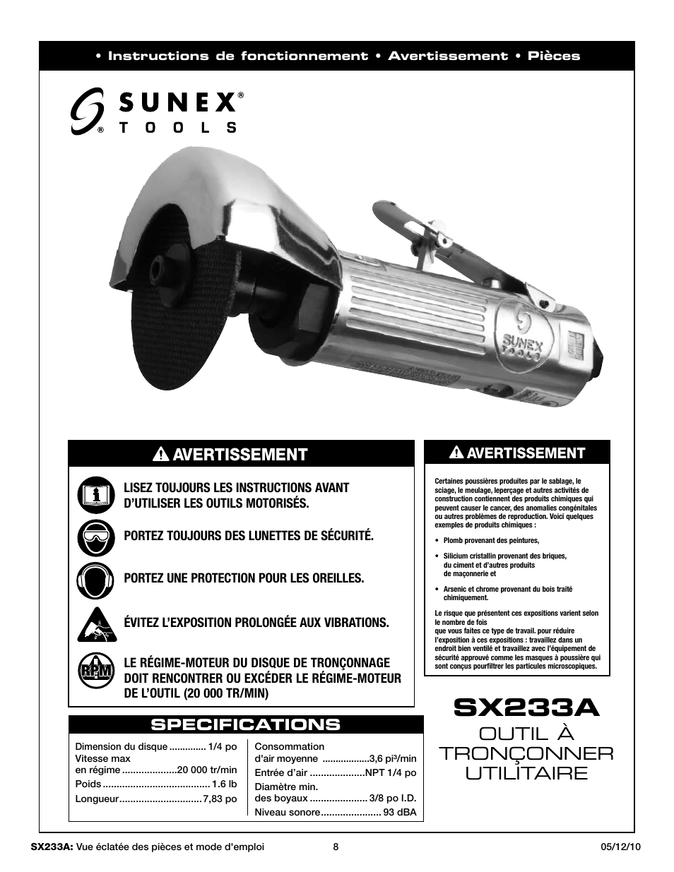 Sx233a, Outil à tronçonner utilitaire, Specifications | Avertissement | Sunex Tools SX233A User Manual | Page 8 / 10