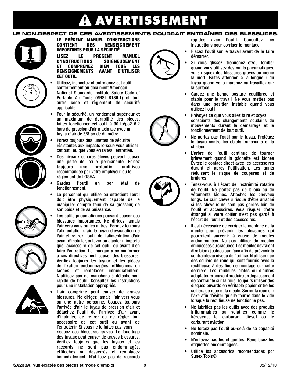 Warning, Avertissement | Sunex Tools SX233A User Manual | Page 9 / 10