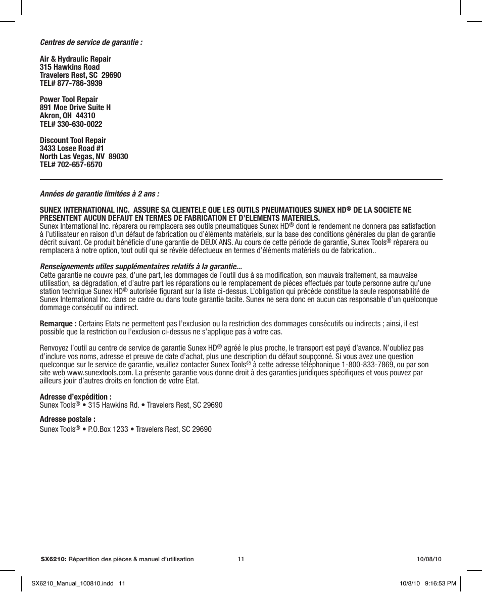 Sunex Tools SX6210 User Manual | Page 11 / 11