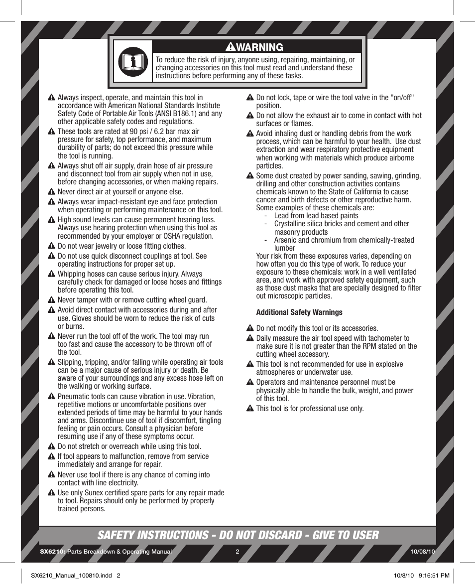 Warning | Sunex Tools SX6210 User Manual | Page 2 / 11