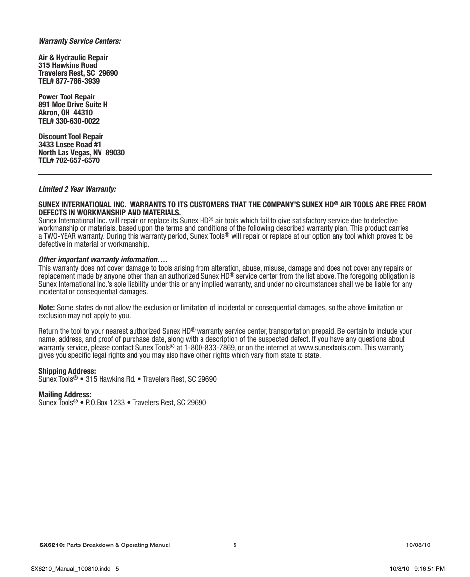 Sunex Tools SX6210 User Manual | Page 5 / 11