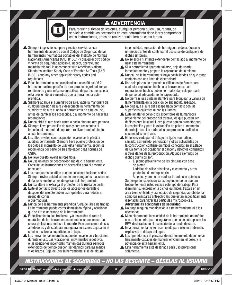 Advertencia | Sunex Tools SX6210 User Manual | Page 6 / 11