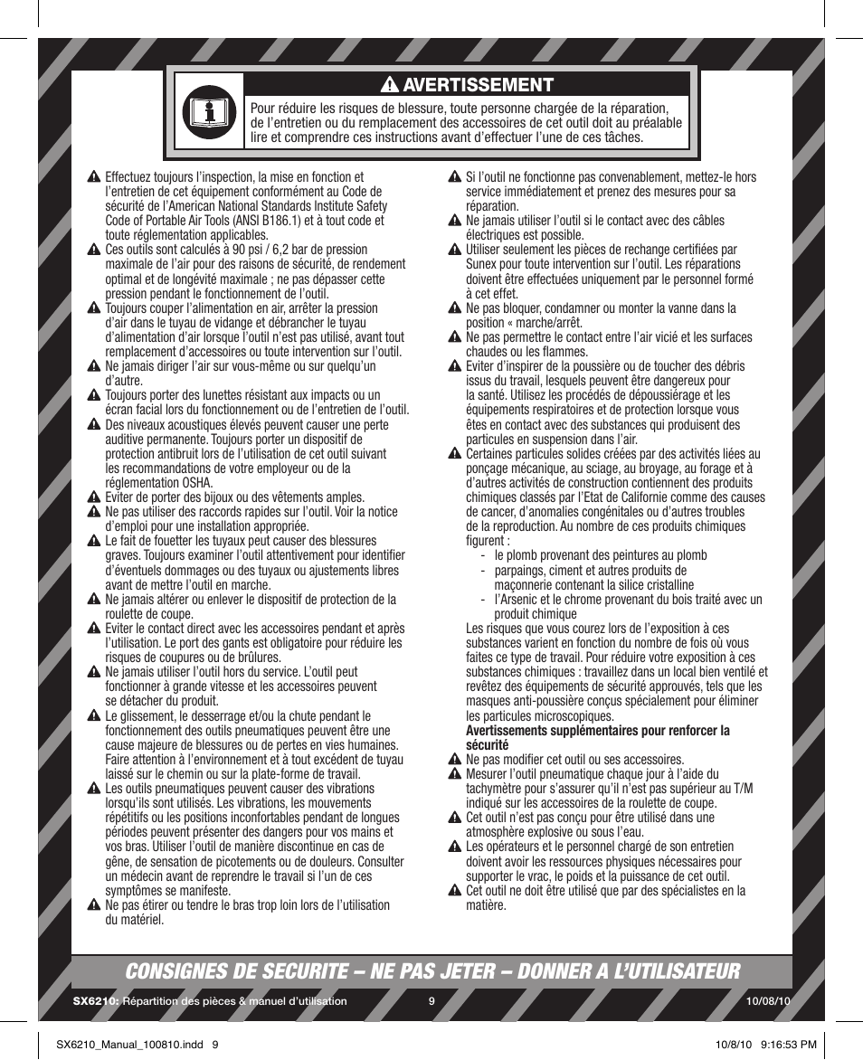 Avertissement | Sunex Tools SX6210 User Manual | Page 9 / 11