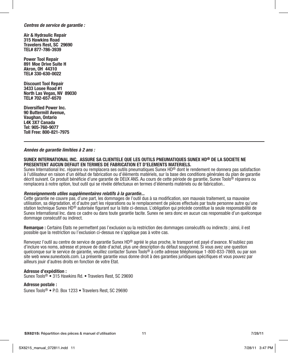 Sunex Tools SX6215 User Manual | Page 11 / 11