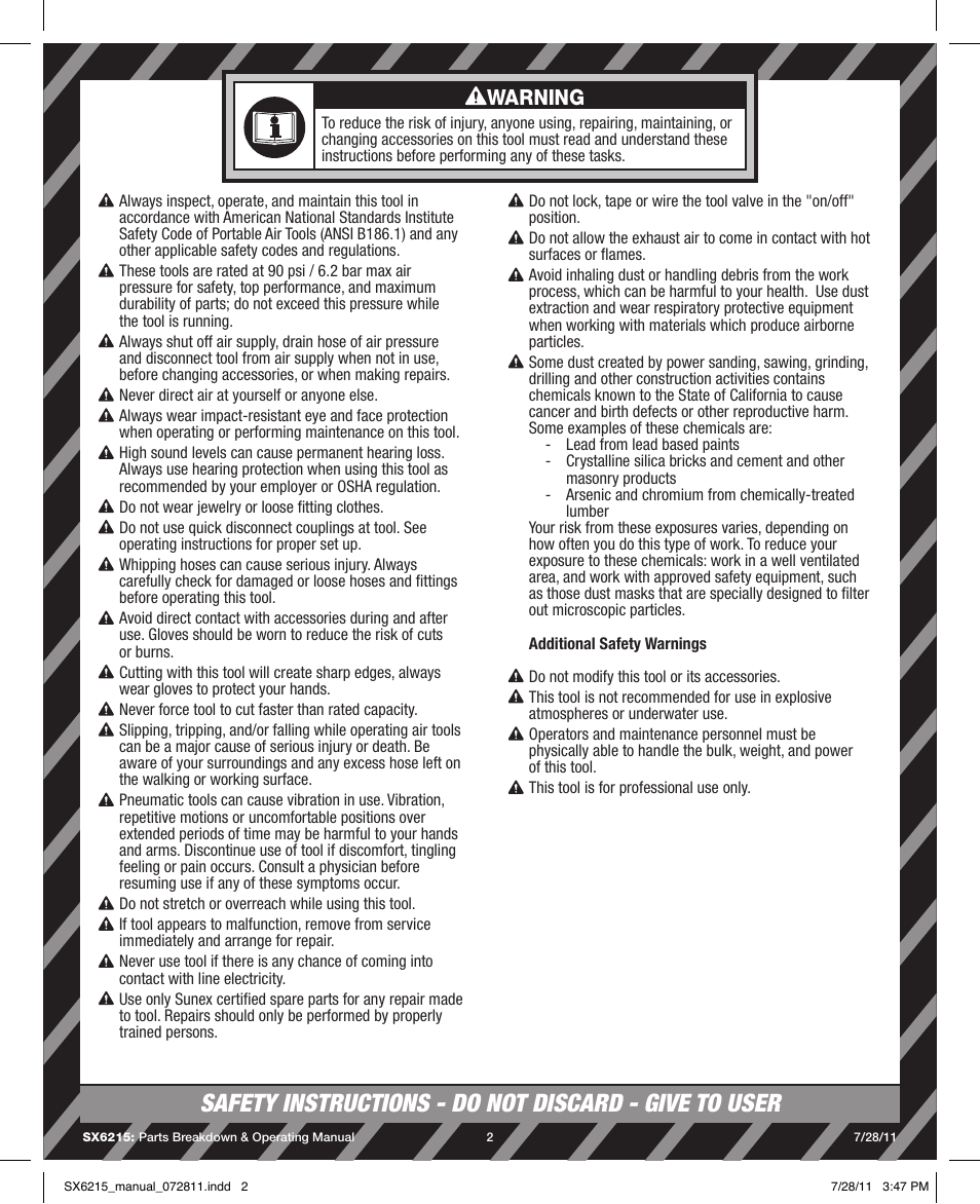 Warning | Sunex Tools SX6215 User Manual | Page 2 / 11
