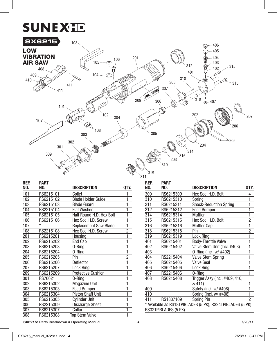 Low vibration air saw | Sunex Tools SX6215 User Manual | Page 4 / 11