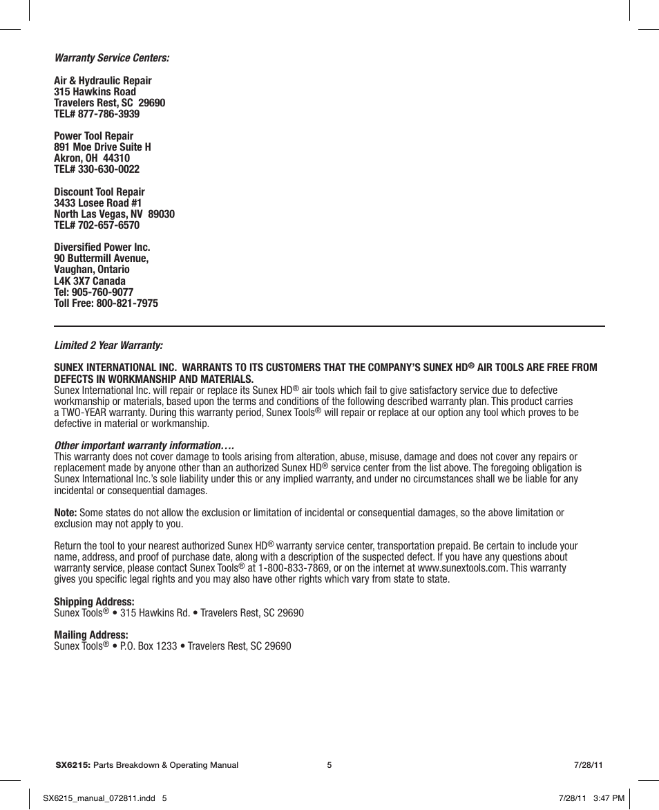 Sunex Tools SX6215 User Manual | Page 5 / 11