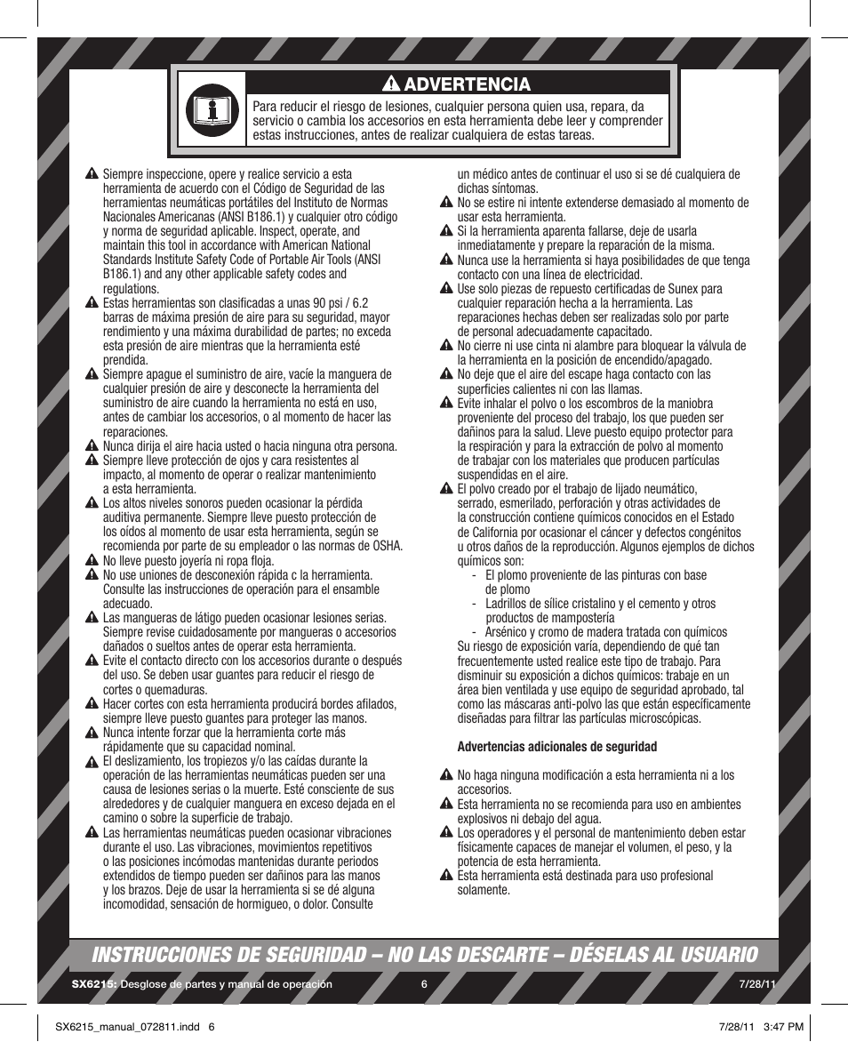 Advertencia | Sunex Tools SX6215 User Manual | Page 6 / 11