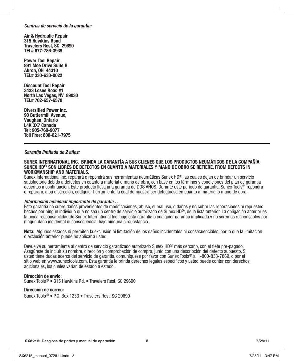 Sunex Tools SX6215 User Manual | Page 8 / 11