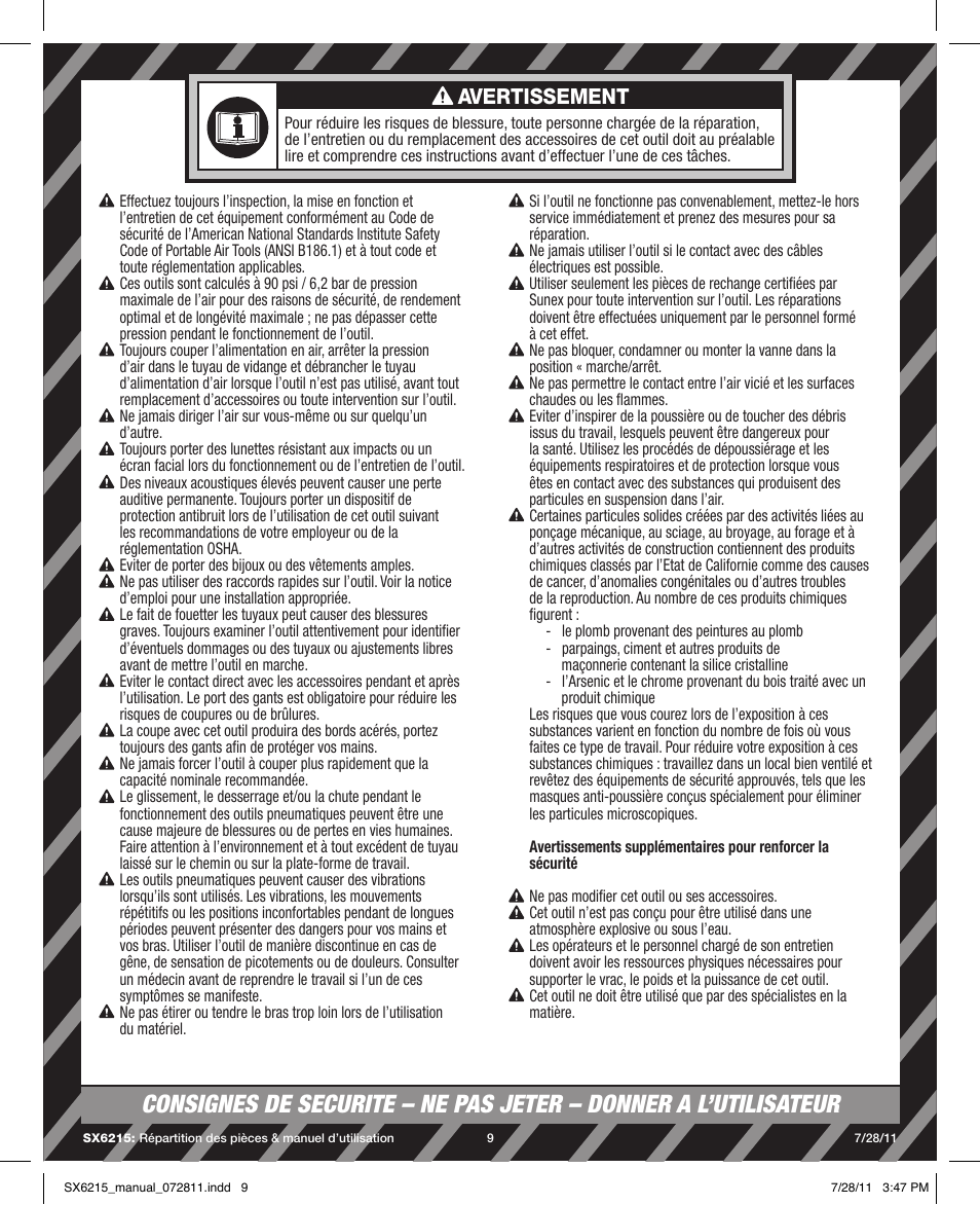 Avertissement | Sunex Tools SX6215 User Manual | Page 9 / 11