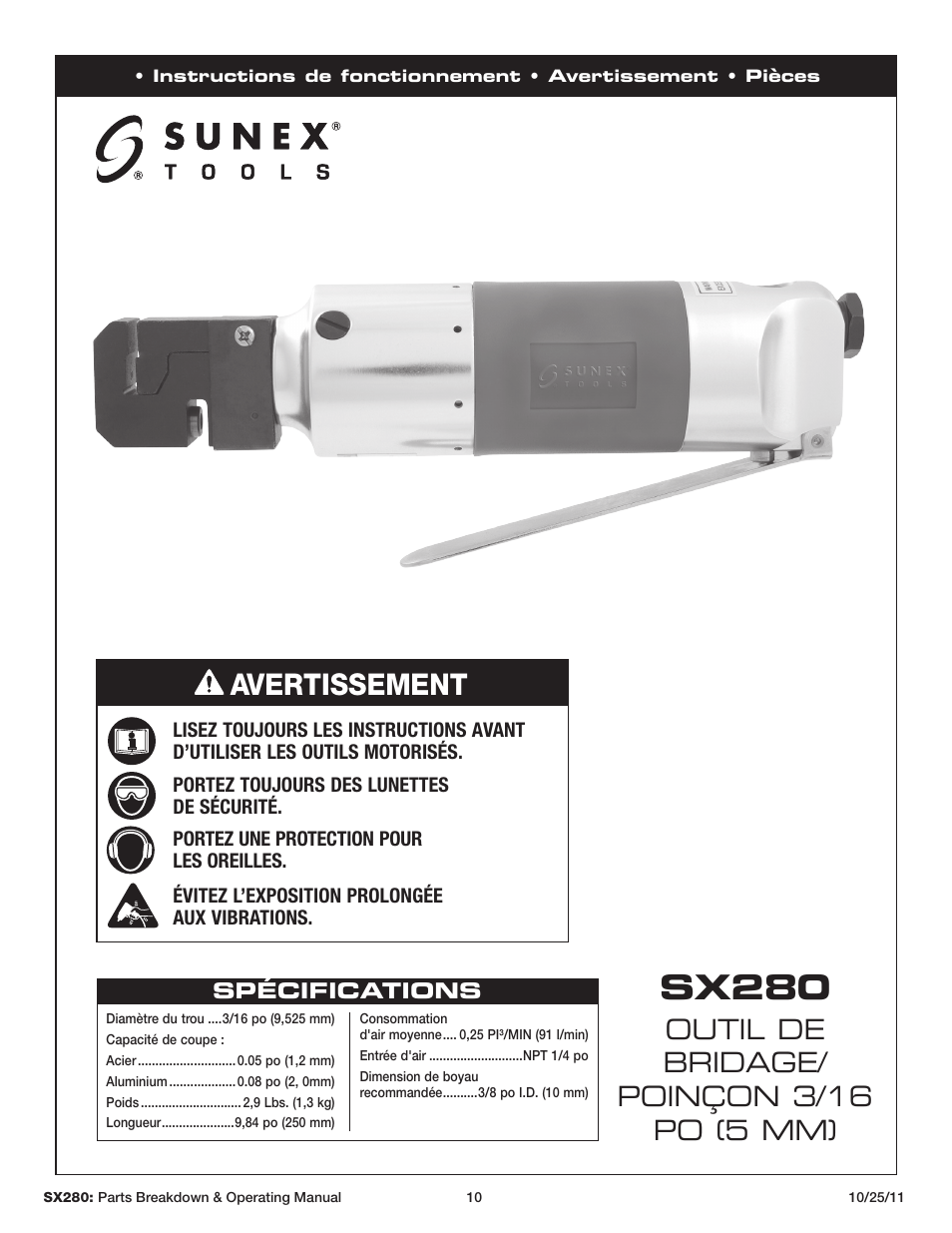 Sx280, Avertissement, Outil de bridage/ poinçon 3/16 po (5 mm) | Sunex Tools SX280 User Manual | Page 10 / 13