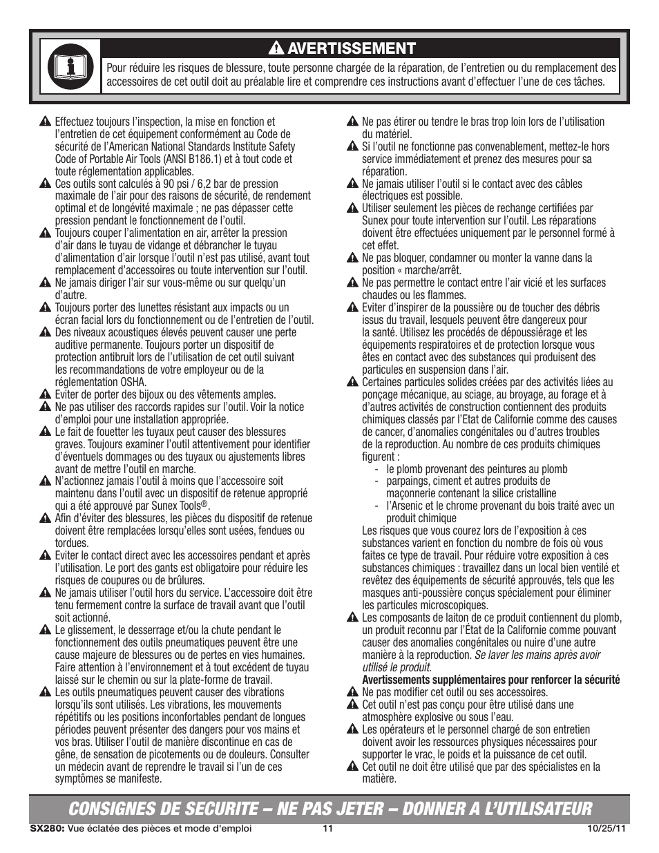 Avertissement | Sunex Tools SX280 User Manual | Page 11 / 13